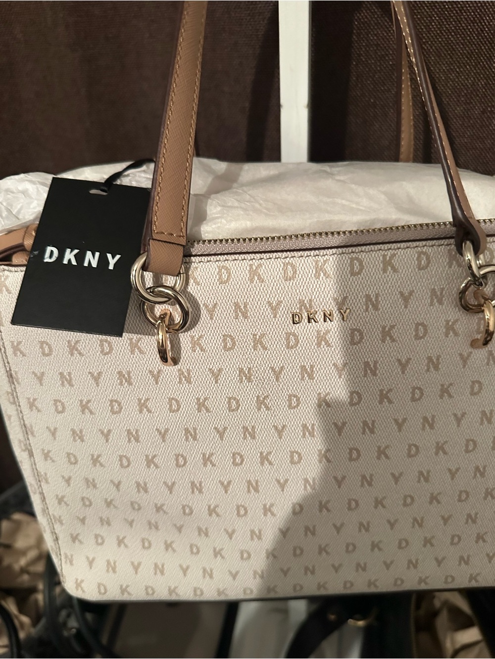 DKNY Beige and Tan Logo Tote with Gold Accents